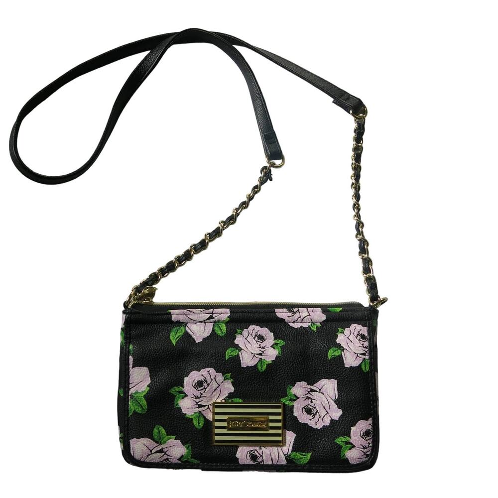 BETSEY JOHNSON Mini Cross Body Purse Wallet Bag Black Floral Chain Strap Boho